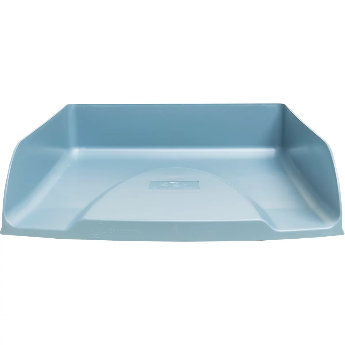 Bac bleu clair avec des côtés surélevés, de forme rectangulaire. Une surface légèrement incurvée est visible.