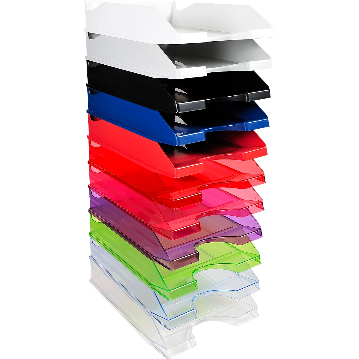 Tour de bacs à documents multicolores, allant du blanc au transparent. Comprend des bacs bleus, rouges, roses, violets, verts et transparents.
