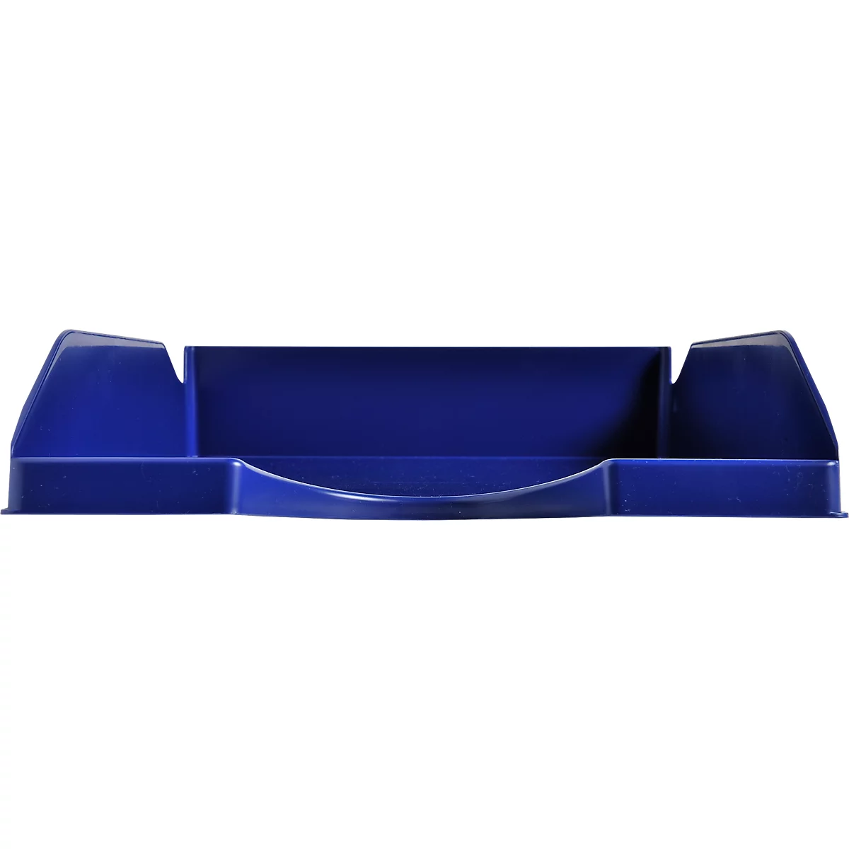 Organisateur de bureau bleu. Trois sections surélevées avec un devant arrondi.