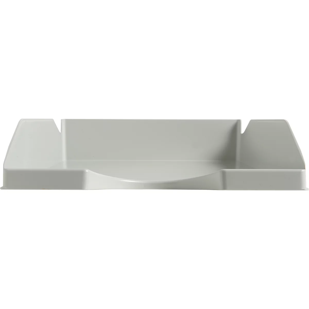 Organisateur de bureau gris avec trois compartiments. A gauche et à droite se trouvent des élévations, le milieu est arrondi.