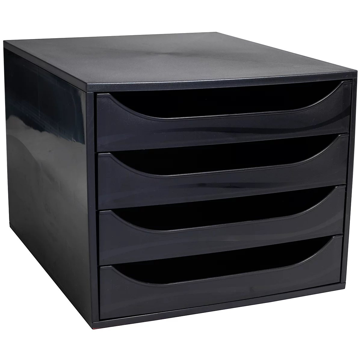 Organisateur de documents noir avec quatre tiroirs. Chaque tiroir a une poignée en forme d'arc.