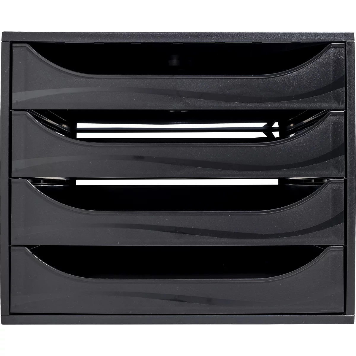 Organisateur de documents noir avec quatre tiroirs et poignées ondulées.