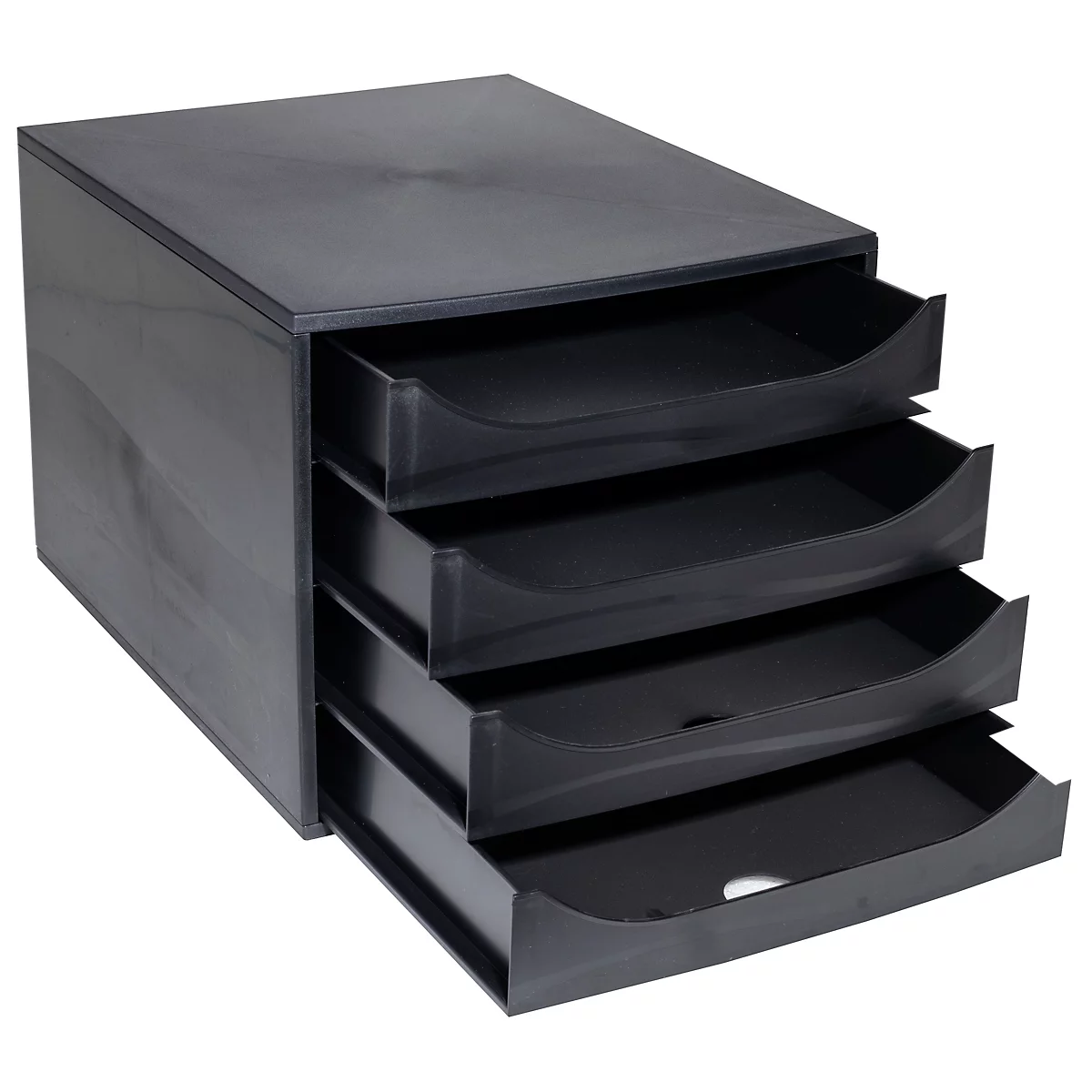 Organisateur de documents noir avec quatre tiroirs.
