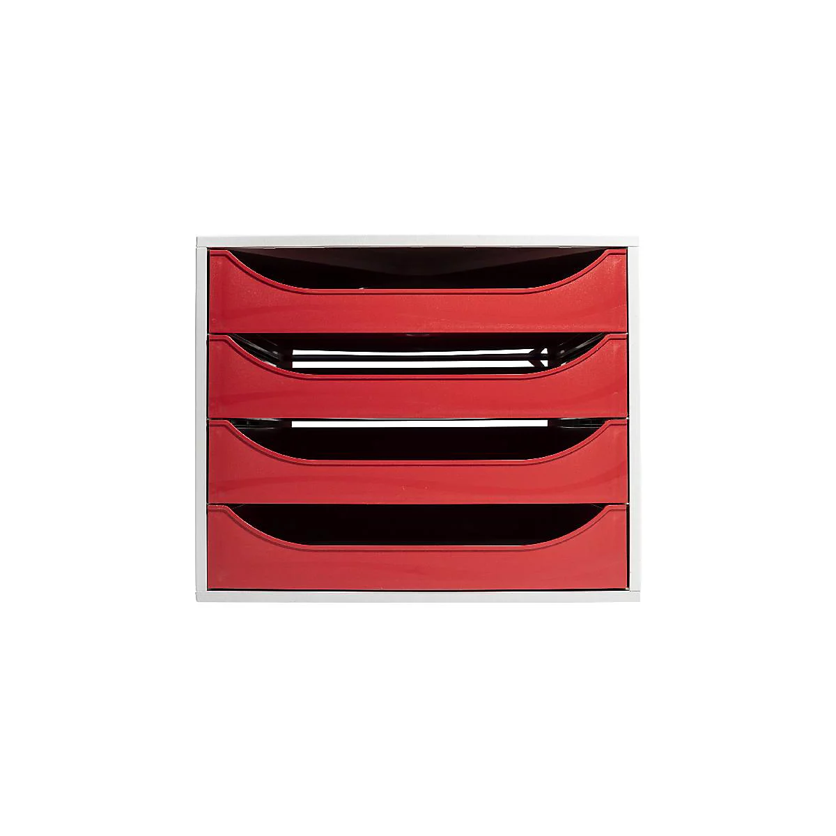 Bac de rangement rouge et ouvert avec quatre compartiments dans un cadre blanc.