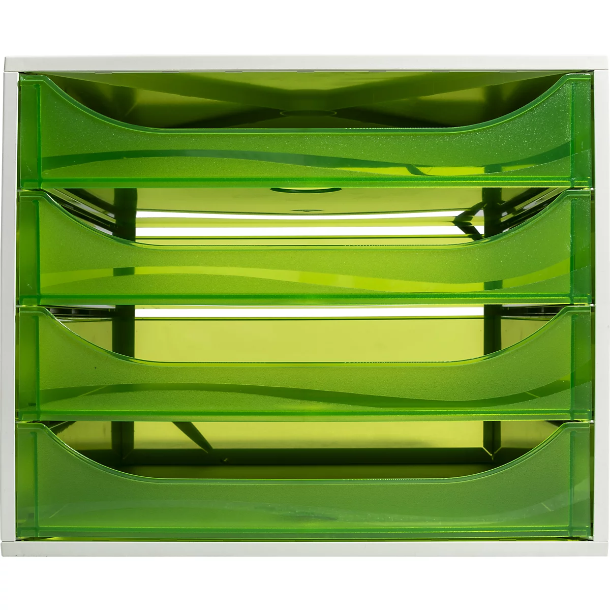 Plateau à lettres vert transparent avec 4 compartiments dans un cadre blanc.
