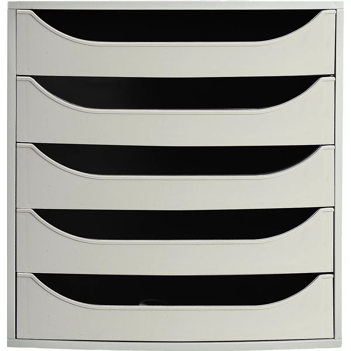 Classeur gris clair à cinq compartiments. Chaque compartiment a une ouverture arquée.