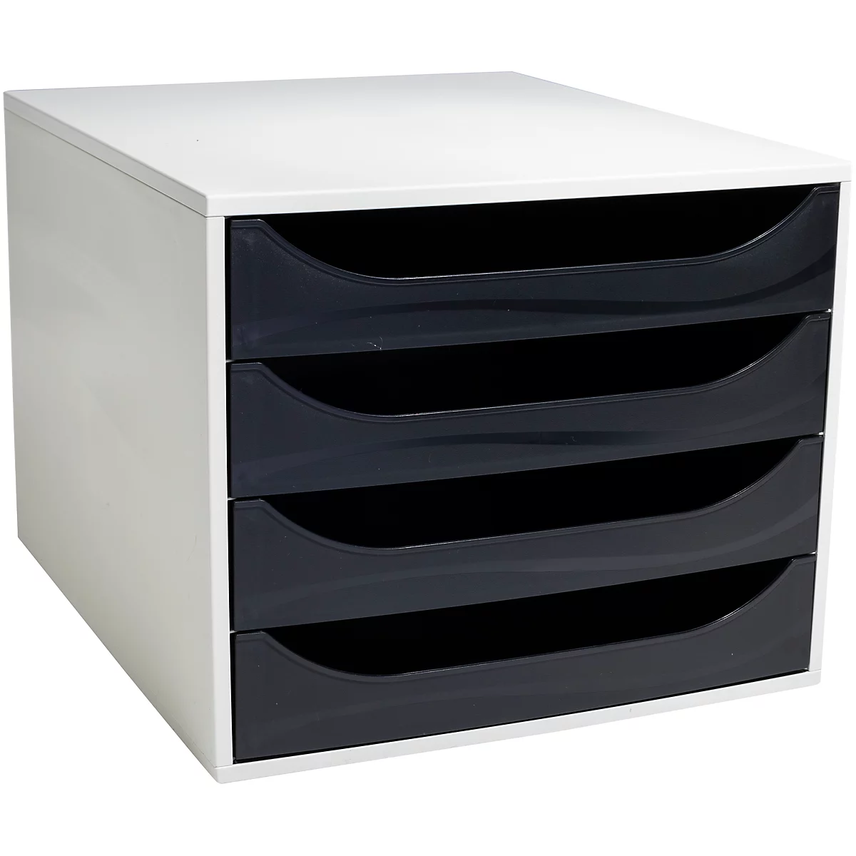 Wit opbergsysteem met vier donkere laden. De laden zijn boogvormig.