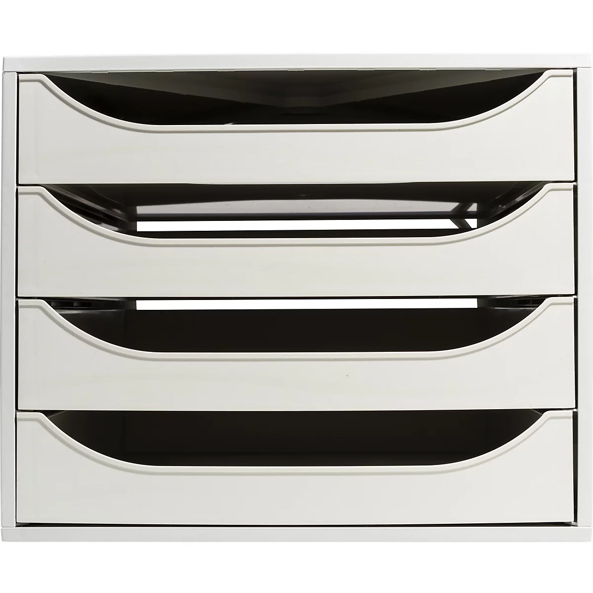 Lichtgrijze brievenbak met vier compartimenten. Elk compartiment heeft een elegante, gebogen vorm.