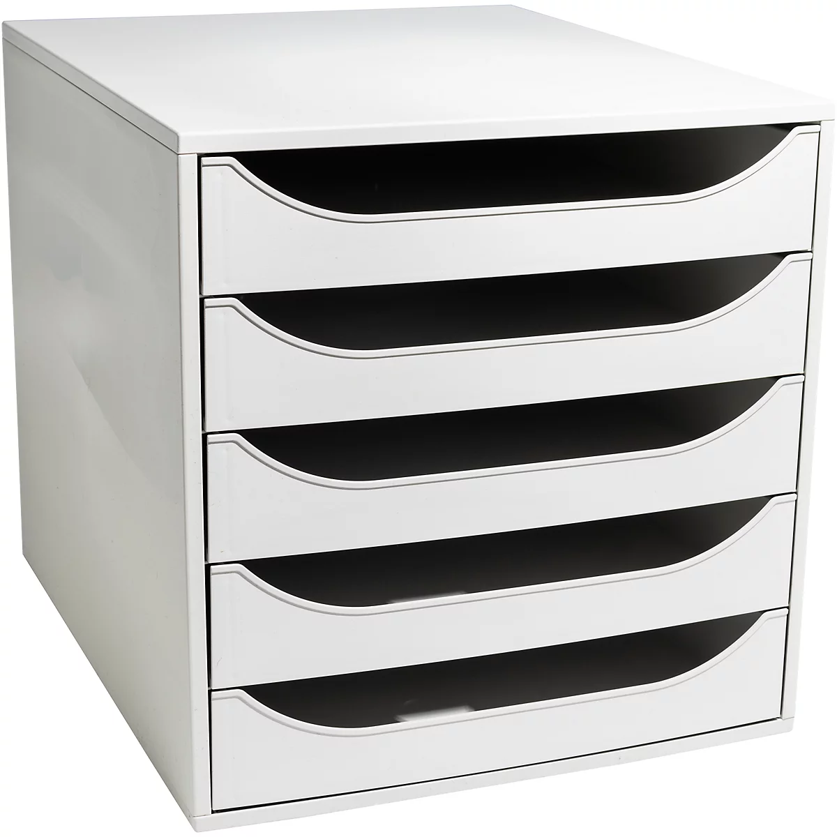 Witte bureaulade met vijf lades met gebogen verzonken handgrepen.