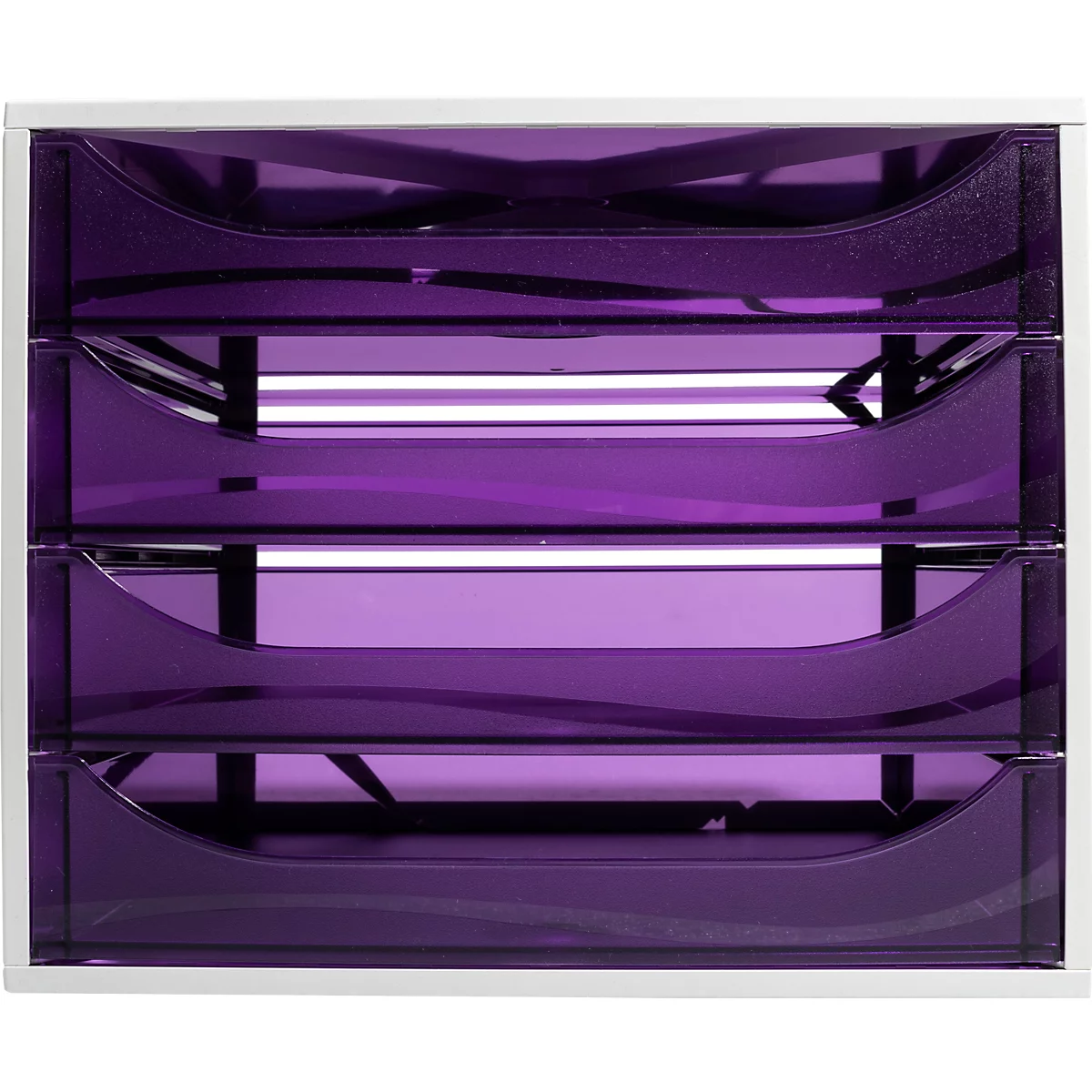 Vierlaags brievenbaksysteem met paarse, halfdoorzichtige lades in een wit frame.
