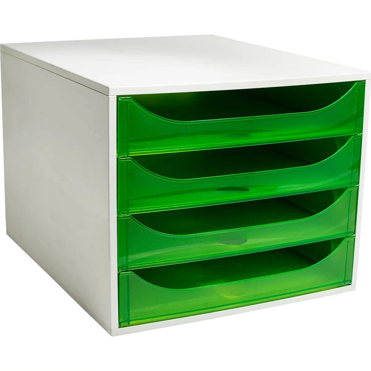 Weißer Schubladencontainer mit vier transparent grünen Schubladen vor weißem Hintergrund.