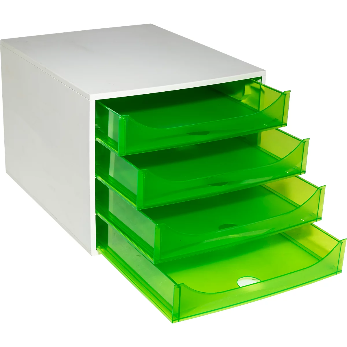 Weißer Büro-Organizer mit vier halbtransparenten, leuchtend grünen Schubladen vor weißem Hintergrund.