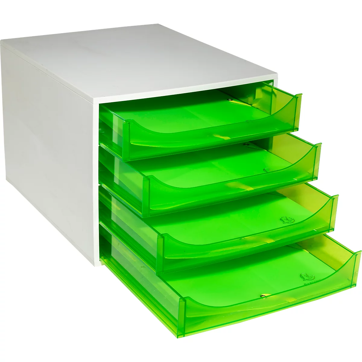 Schubladenbox in Weiß mit vier halbtransparenten, neongrünen Auszügen vor weißem Hintergrund.