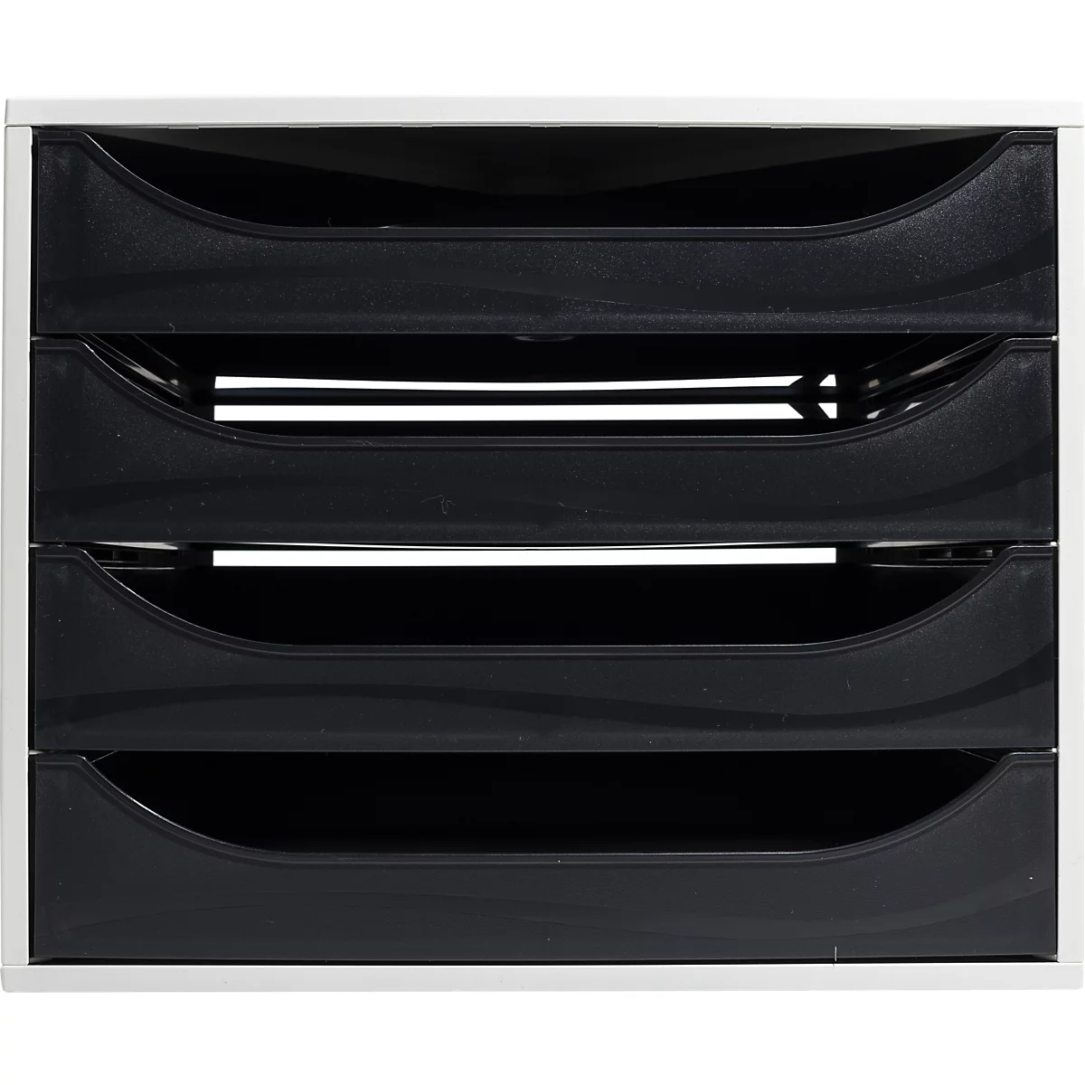 Schwarzer Dokumenten-Ablageständer mit vier Fächern in einem weißen Rahmen. Jedes Fach hat eine bogenförmige Vorderseite.