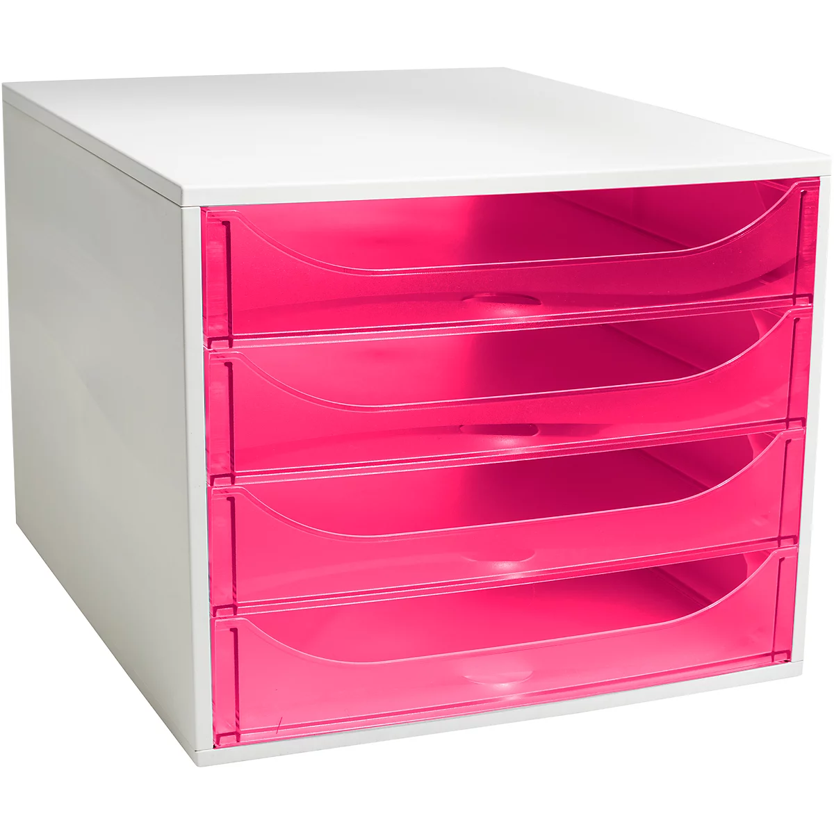Weißes Schubladensystem mit vier pinkfarbenen Schubladen. Klare Linien, neutraler Hintergrund.