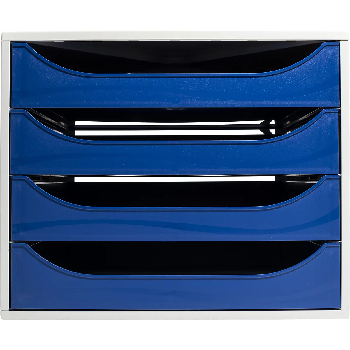 Blauer Ablagestapel mit vier Fächern. Der Rahmen ist weiß. Die Fächer sind gewölbt und leicht geneigt.