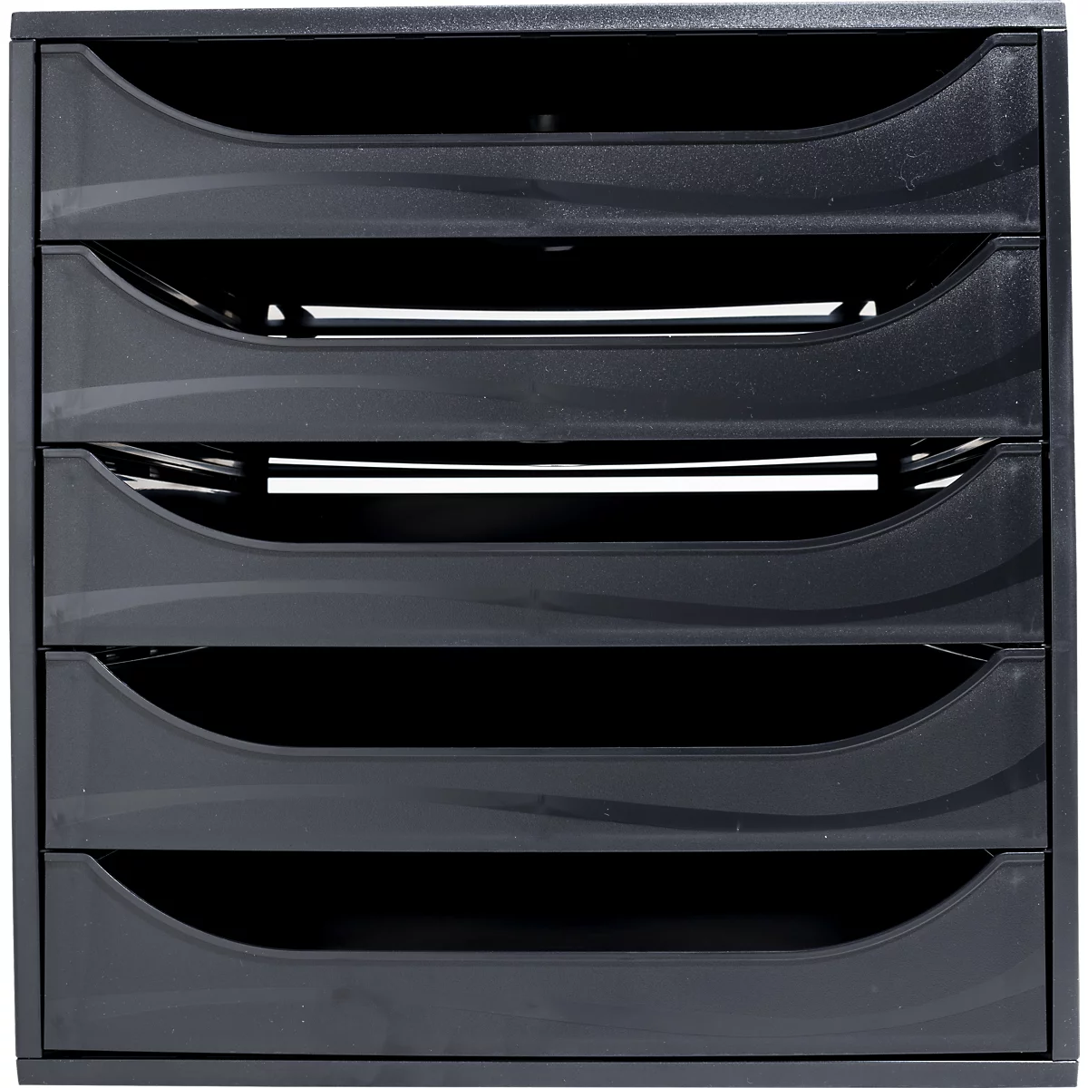 Schwarzer Dokumenten-Ablageständer mit 5 Fächern. In einem Fach liegen weiße Blätter.