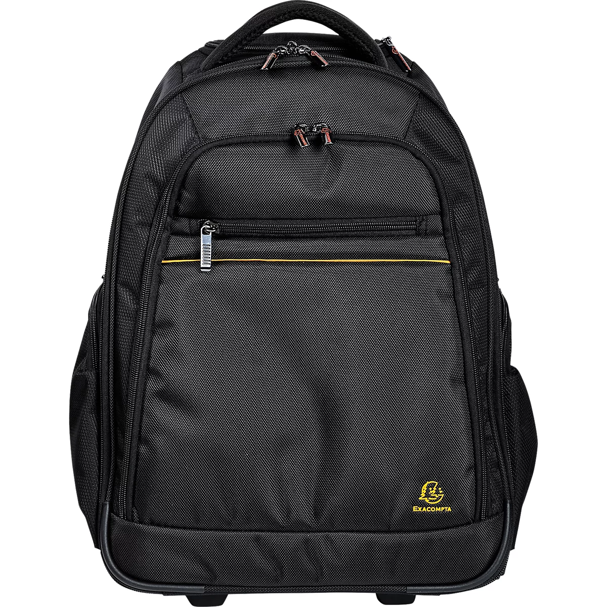 Schwarzer Rucksack mit Rollen und Griffen. Reißverschlüsse und goldene Akzente. Kleines Logo unten rechts.