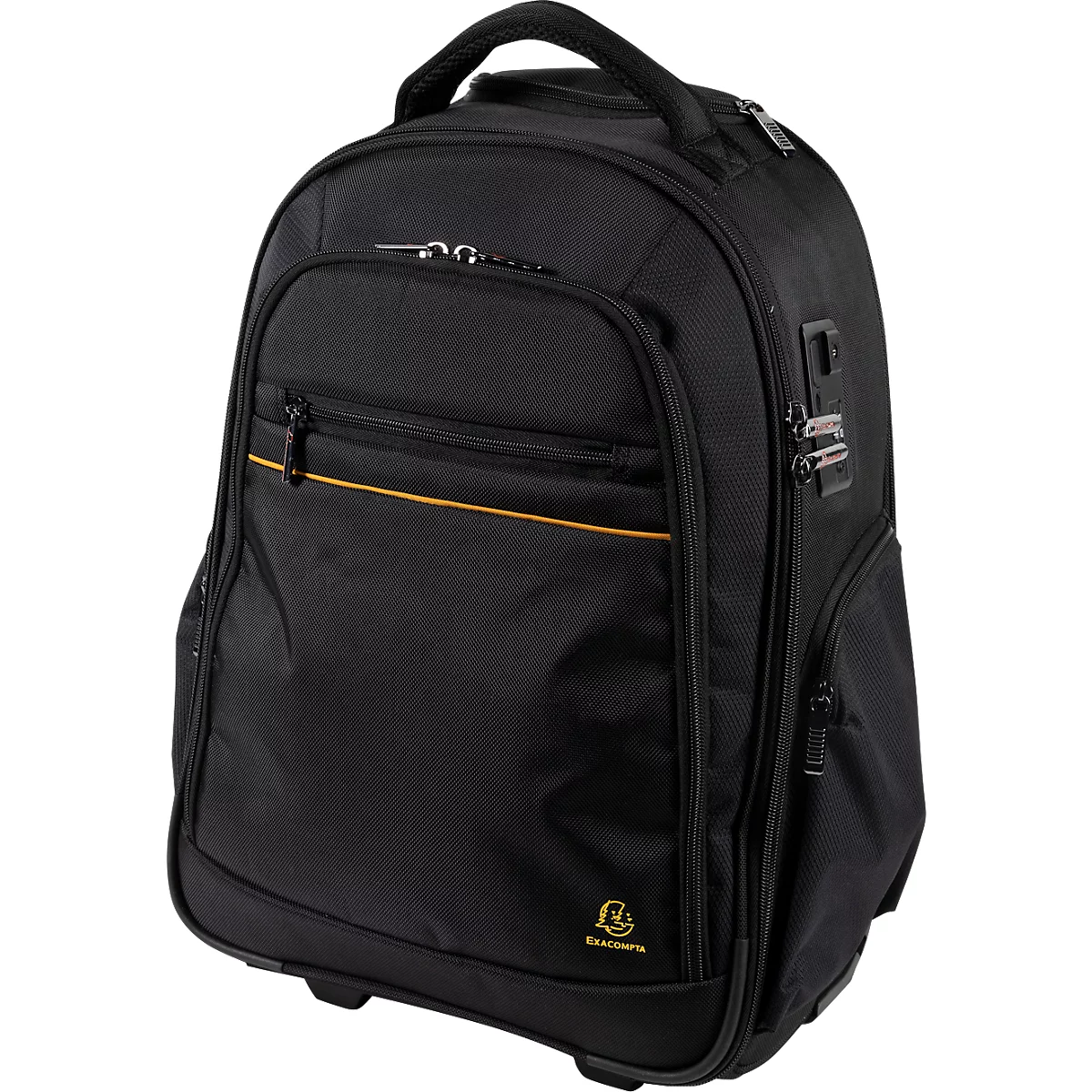 Schwarzer Laptop-Rucksack mit goldfarbener Linie und Reißverschlüssen, Griff oben.