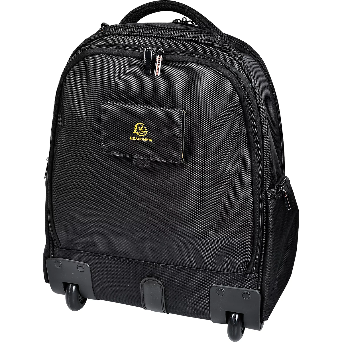 Schwarzer Trolley-Rucksack. Mit Rollen, Griff und mehreren Fächern.