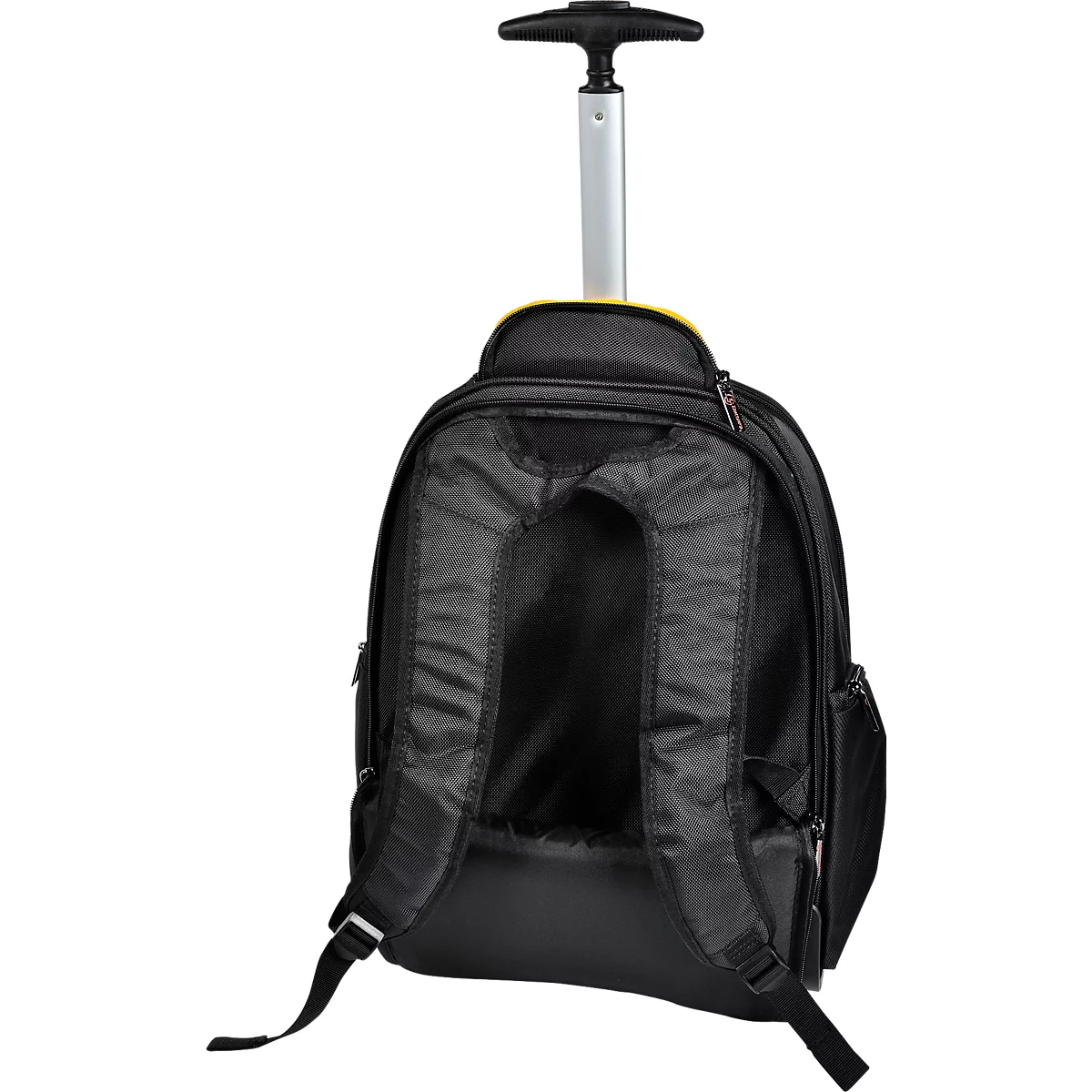 Schwarzer Rucksack mit ausziehbarem Griff und Rollen. Der Rucksack ist von hinten abgebildet.