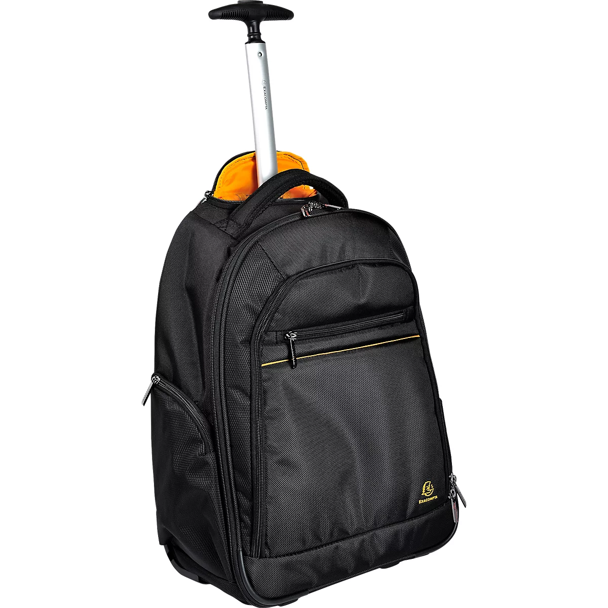 Schwarzer Rucksack mit Rädern und ausziehbarem Griff. Orangefarbene Innenfutter ist sichtbar.