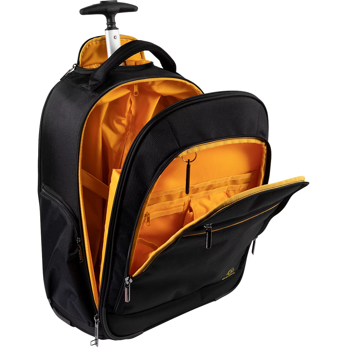 Schwarzer Rollrucksack mit gelbem Innenfutter, geöffnet mit verschiedenen Fächern und ausziehbarem Griff.