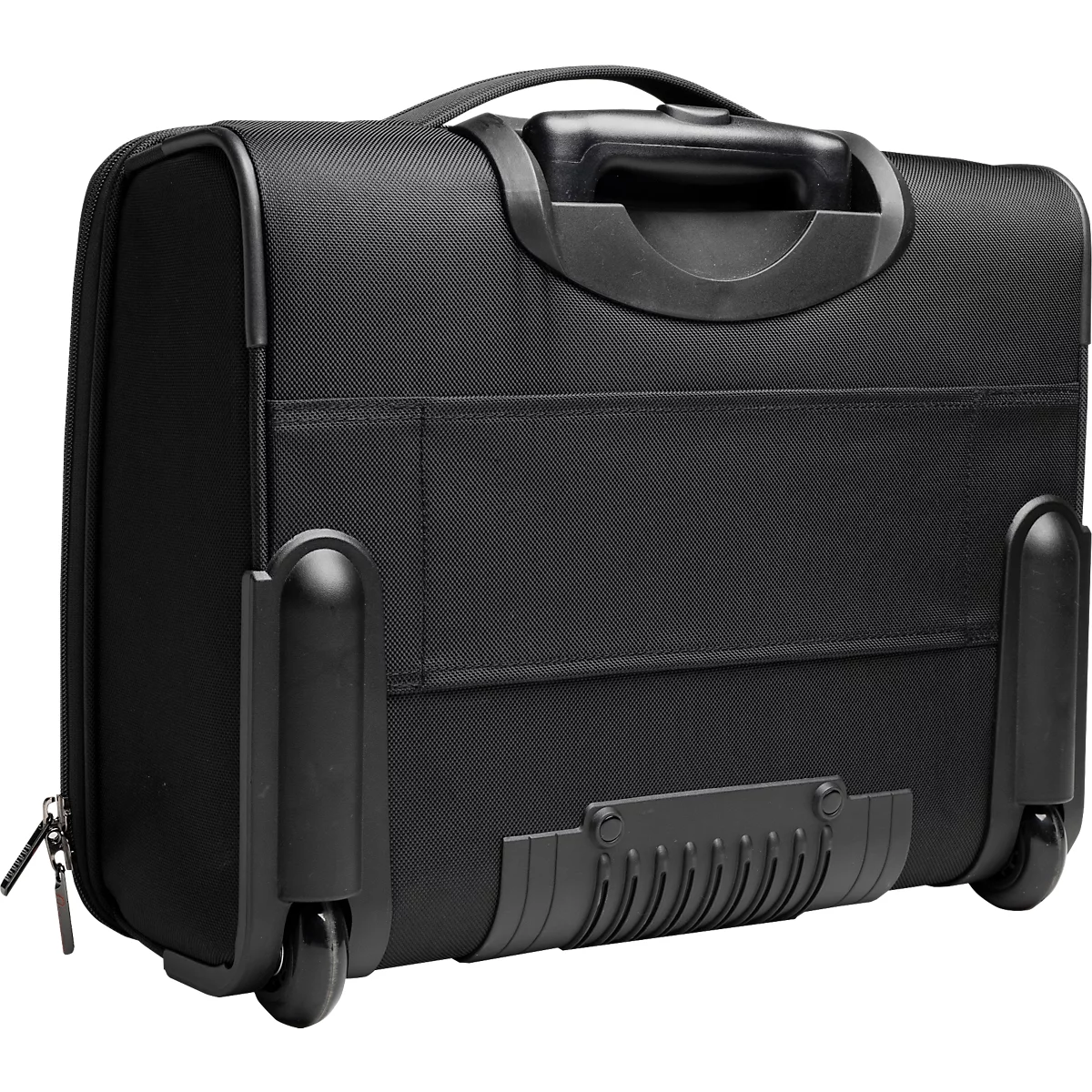 Schwarze Reisetasche mit Griff, Rollen und Reißverschluss.
