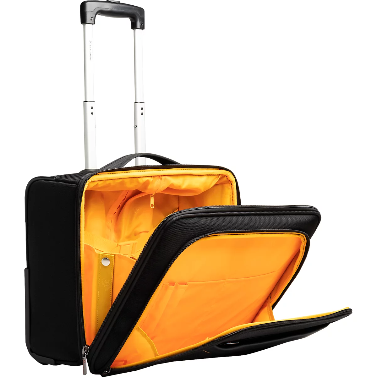 Schwarzer Trolley mit gelbem Innenfutter; Griff ausgezogen, Deckel geöffnet.