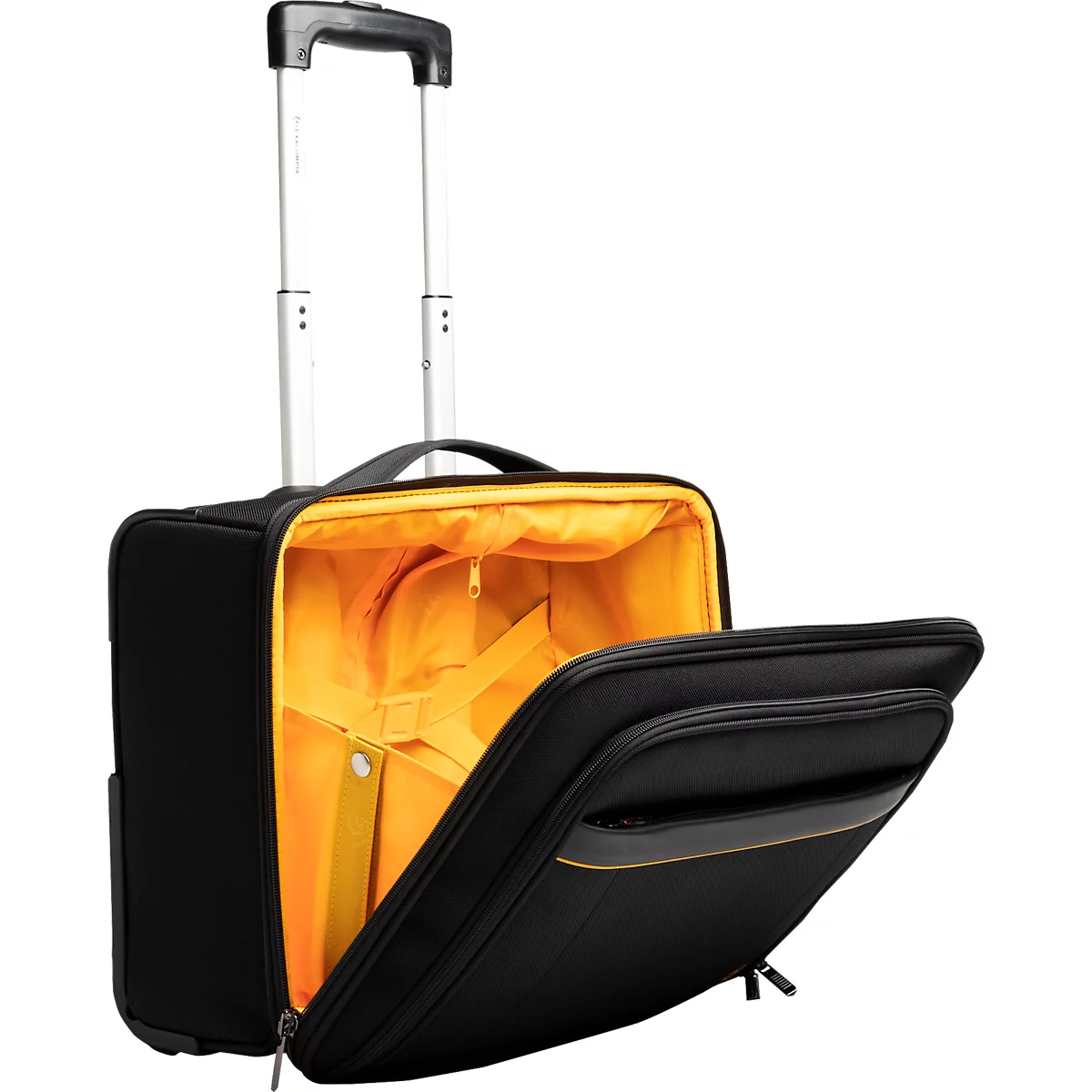 Schwarzer Trolley mit offener Front, orangefarbenem Innenfutter und ausgezogenem Griff.