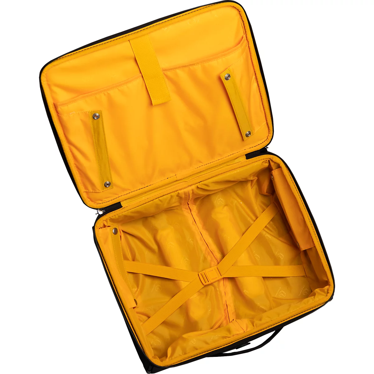 Offener schwarzer Koffer mit gelbem Innenfutter und Packriemen.