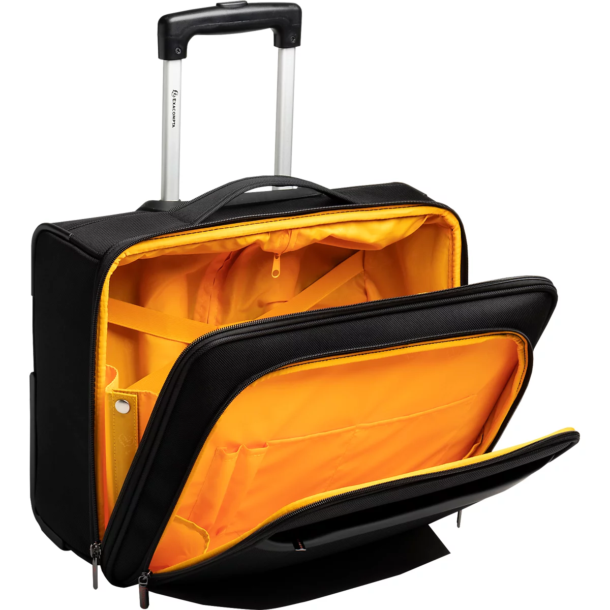 Schwarzer Rollkoffer mit orangenem Innenraum und ausziehbarem Griff, offen.