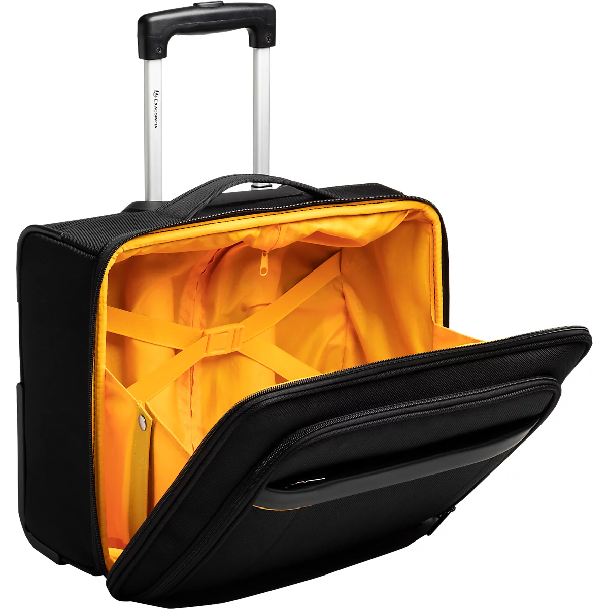 Valise à roulettes noire ouverte avec doublure jaune. La poignée est déployée.