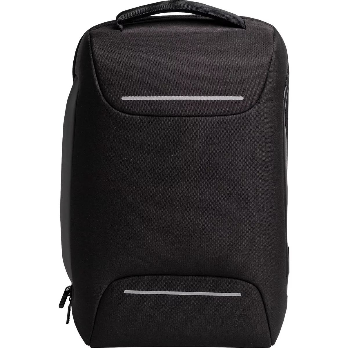 Schwarzer Rucksack mit silbernen Reflektorstreifen. Oben Tragegriff, Reißverschluss an der Seite.