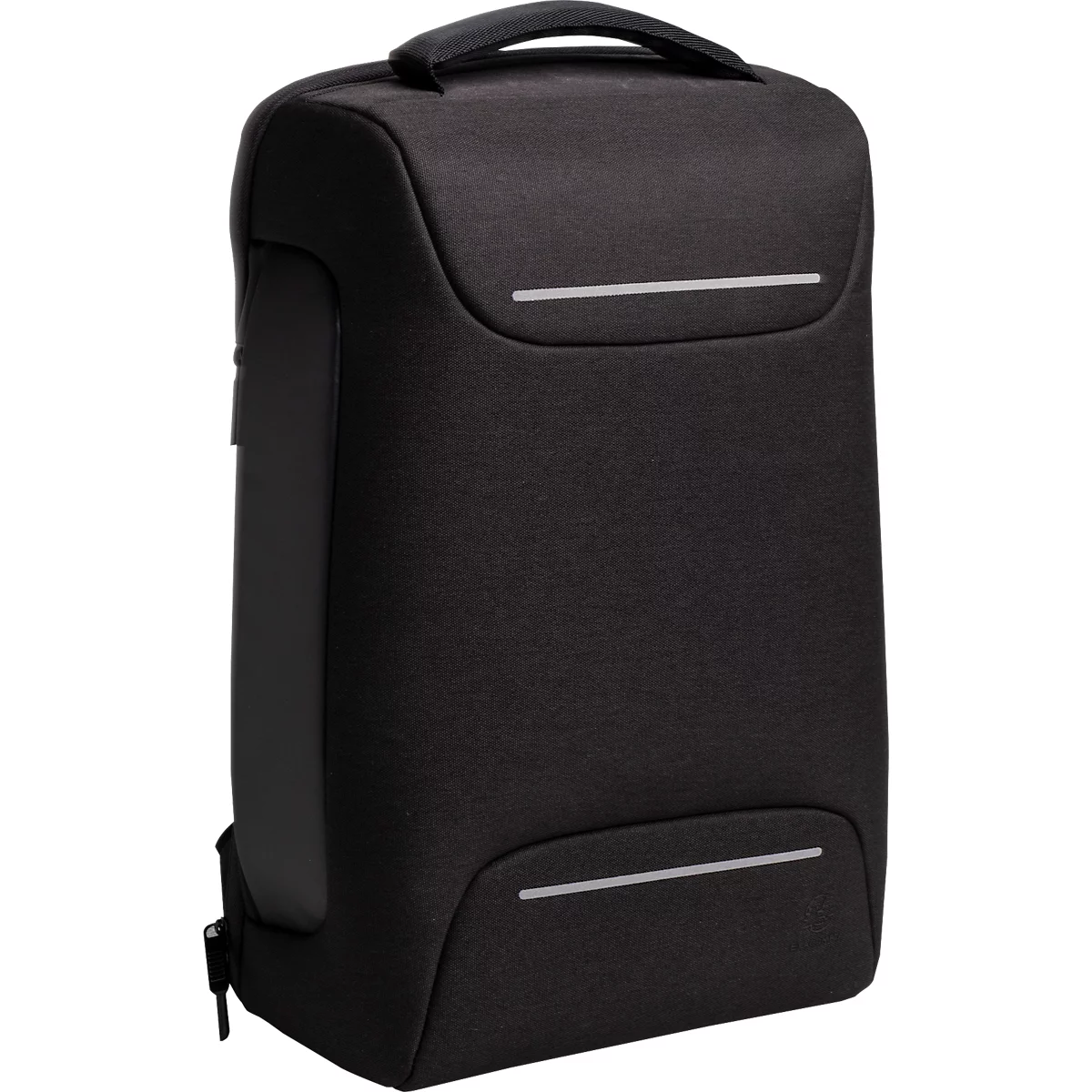 Schwarzer Rucksack mit silbernen Reflektorstreifen. Oben ein Tragegriff.