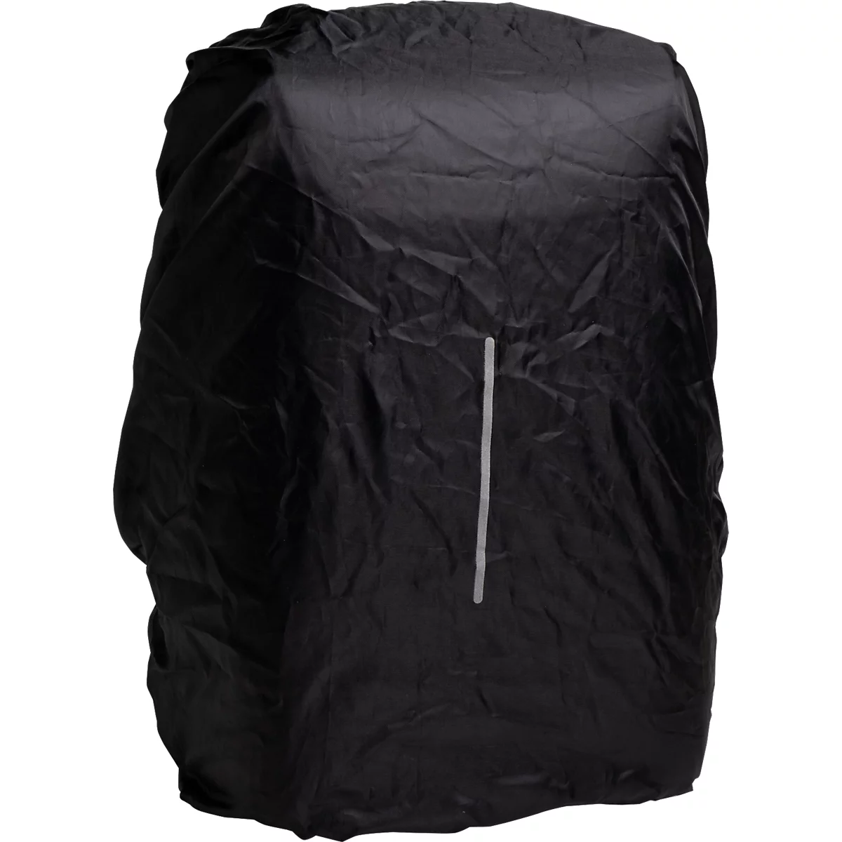 Schwarze Rucksack-Regenschutzhülle, mit vertikalem, grauem Reflektorstreifen in der Mitte.