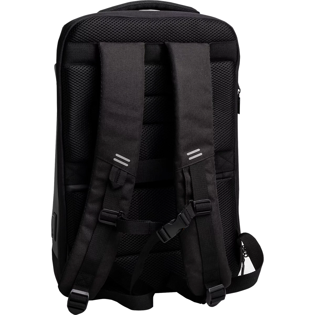 Zwarte rugzak van achteren. Gewatteerde rug en bandjes. Reflecterende strepen.