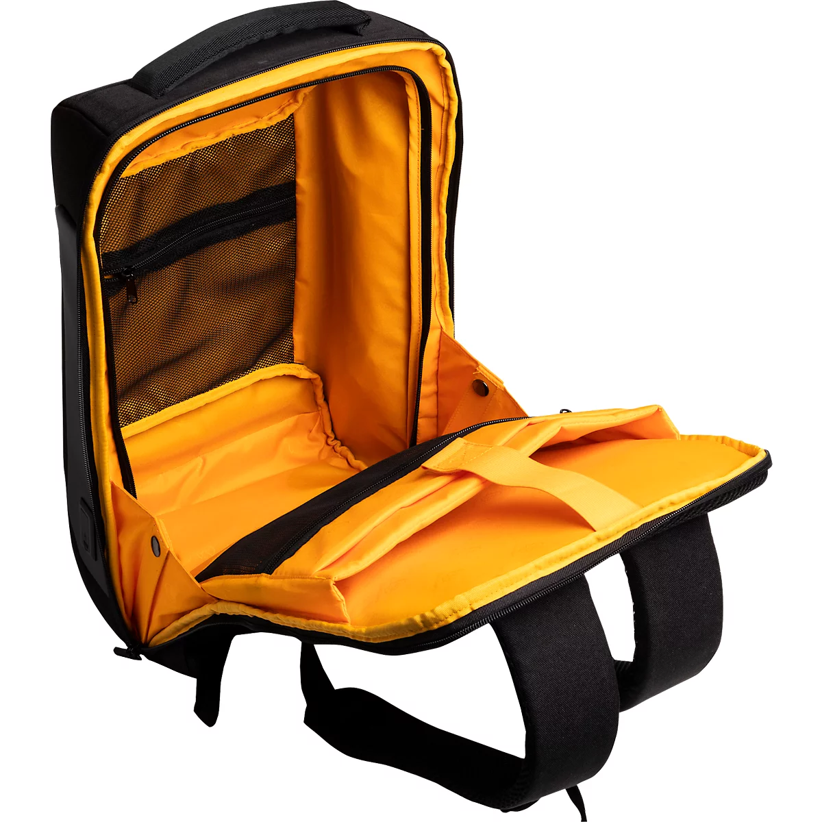 Zwarte rugzak met open klep. Geel interieur, met vakken met rits en schouderbanden.