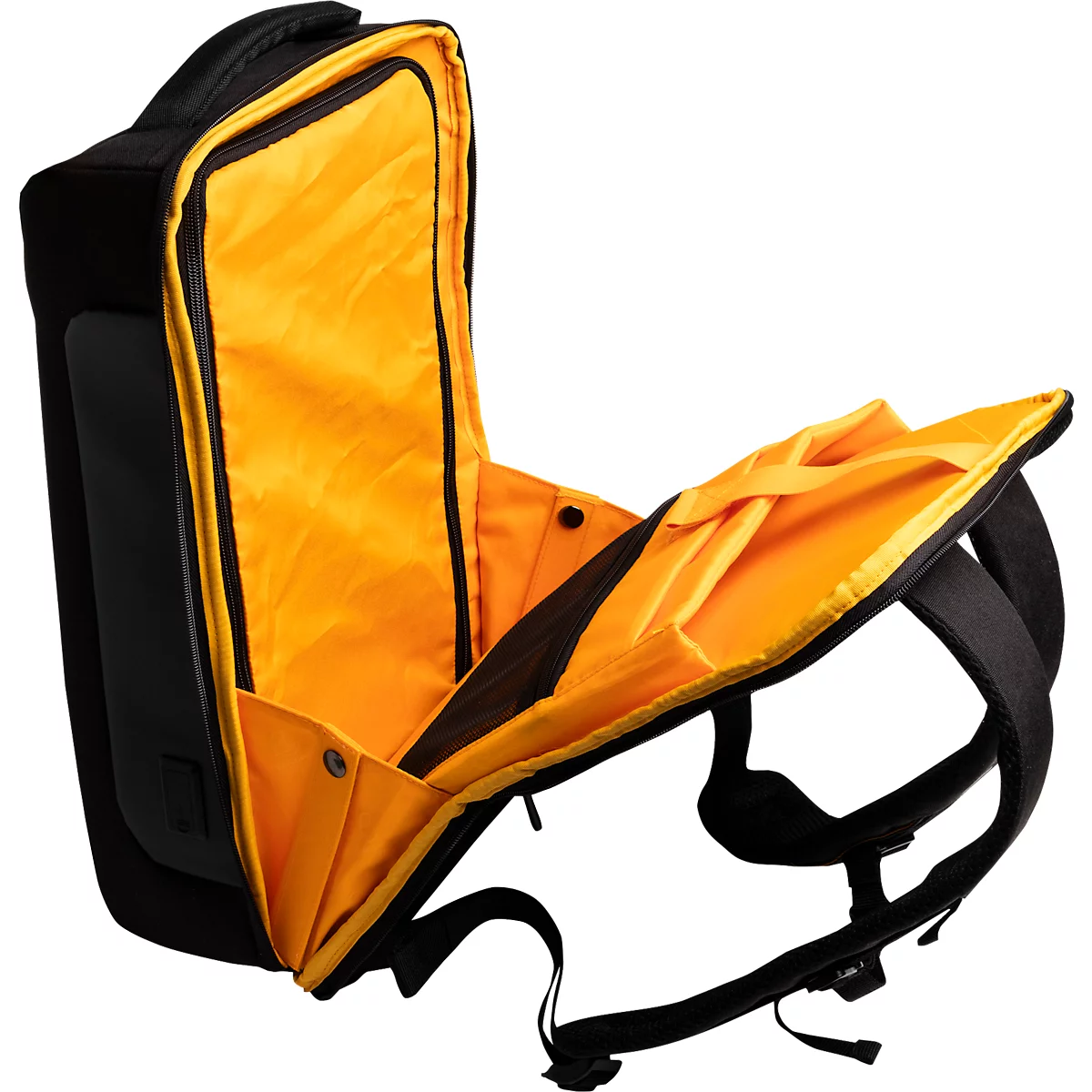 Zwarte rugzak met gele voering, open. Schouderbanden en draaghendel zichtbaar.