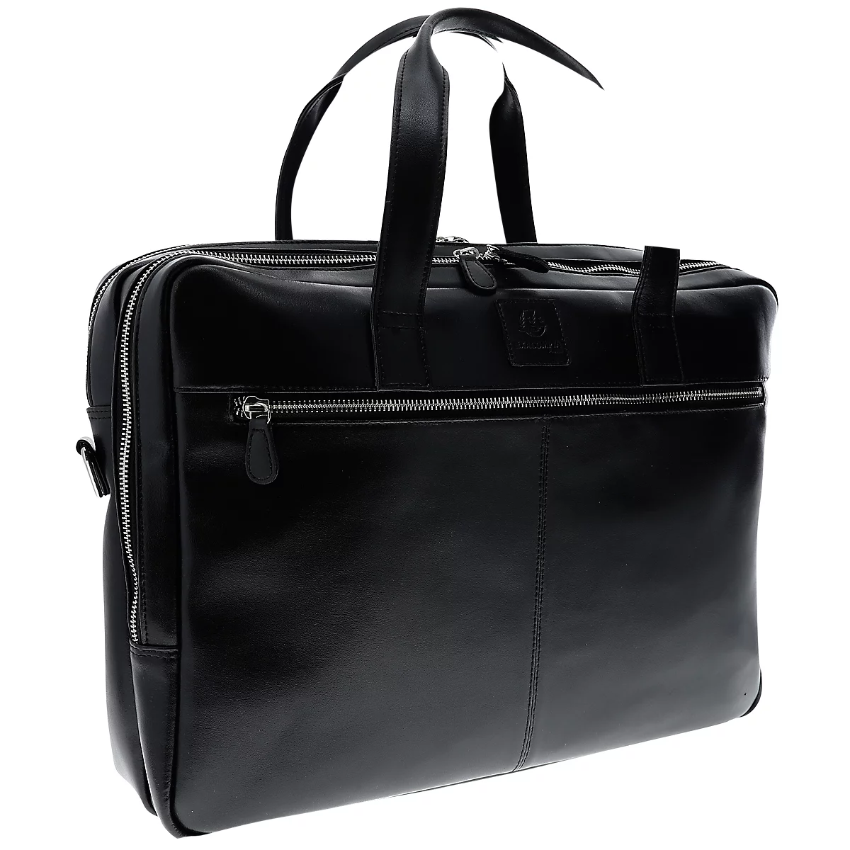 Schwarze Aktentasche aus Leder mit zwei Griffen und Reißverschlüssen.