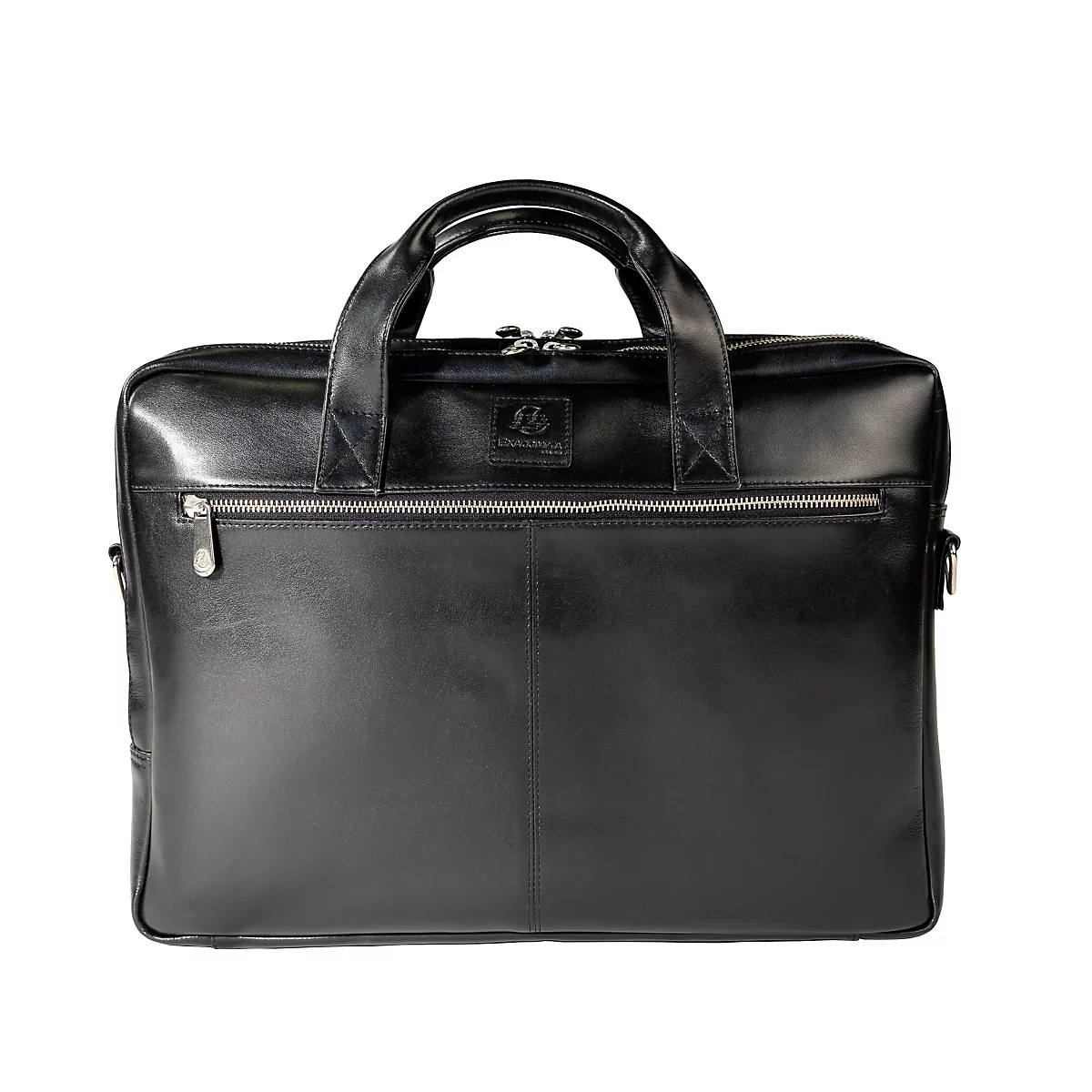 Schwarze Leder-Aktentasche mit Griffen und Reißverschluss. Auf weißem Hintergrund.