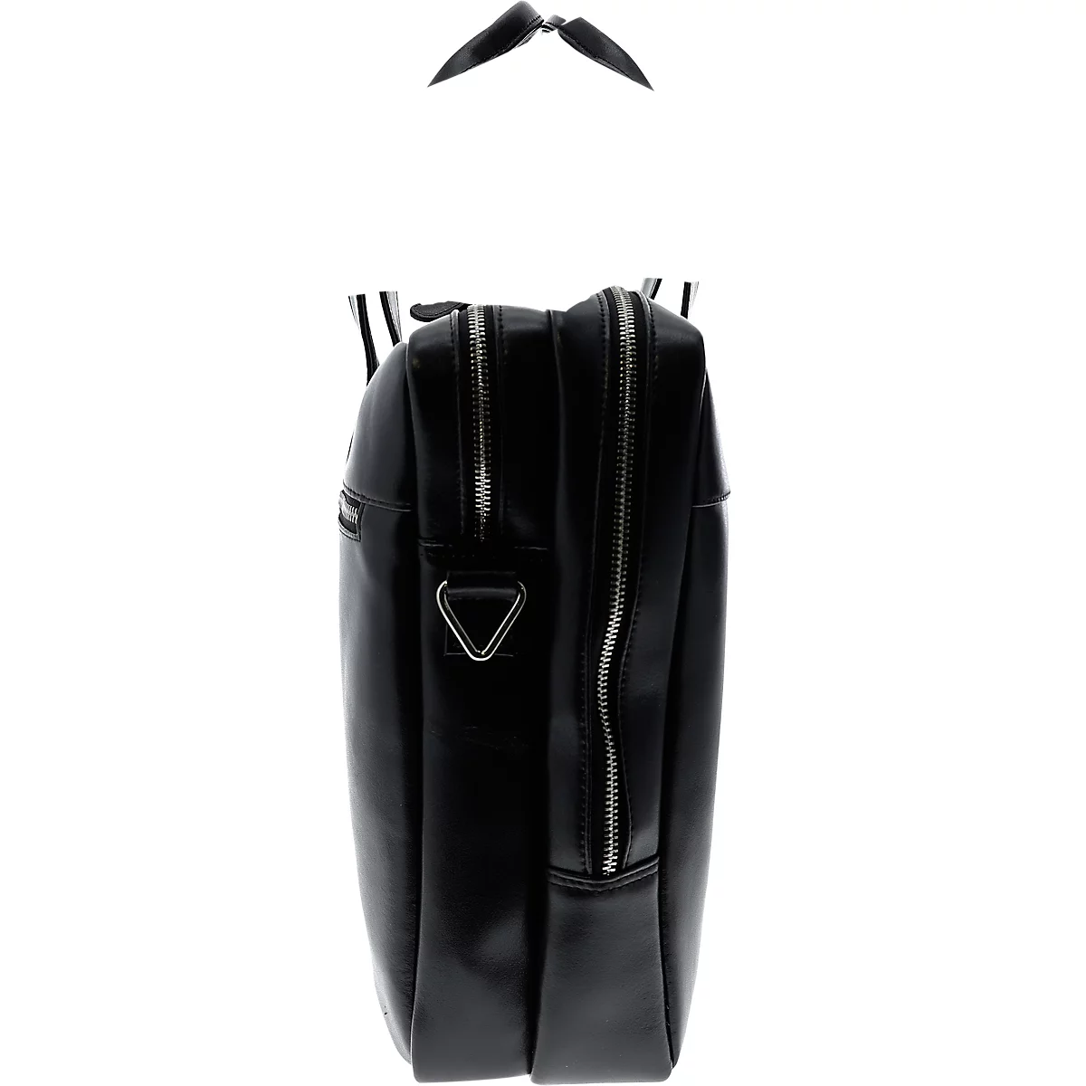 Schwarze Aktentasche, Seitenansicht. Zwei Reißverschlüsse, silberne Details, Henkel, Dreieck. Auf weißem Hintergrund.