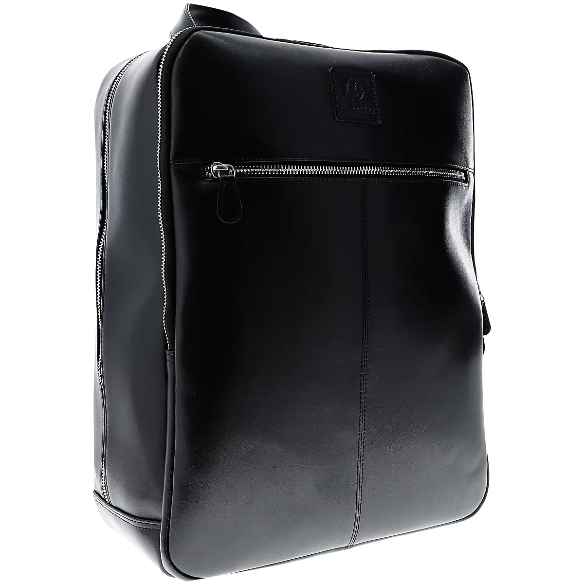 Schwarze Leder-Reisetasche mit silbernem Reißverschluss, rechteckiger Form und Henkel oben.