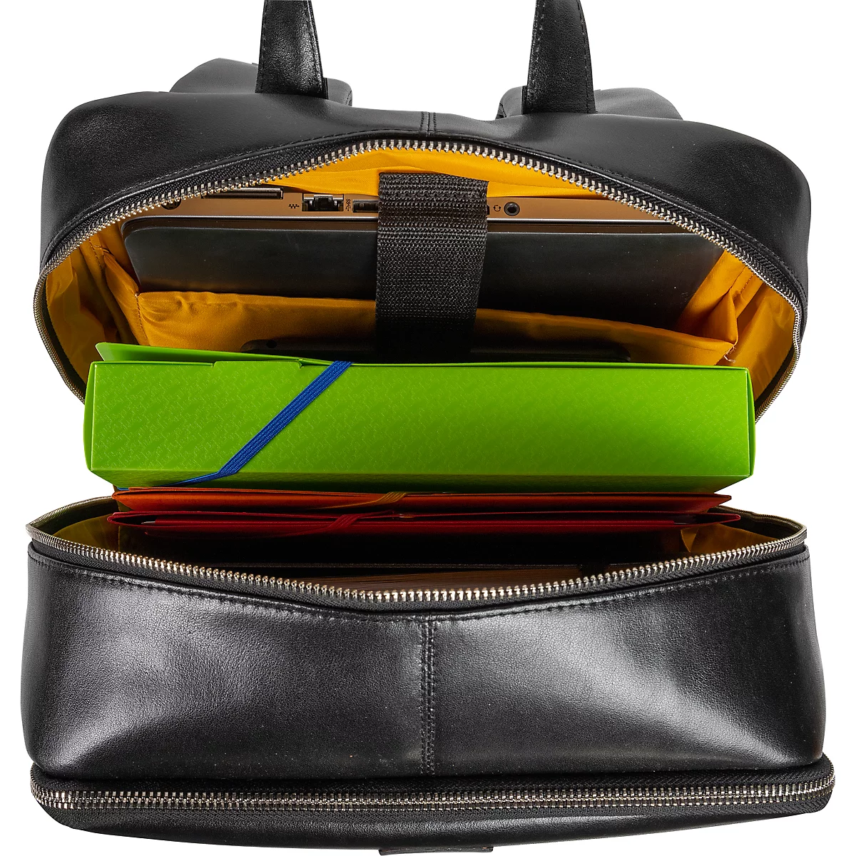 Schwarzer Rucksack, geöffnet, zeigt einen Laptop, Ordner und Papiere. Gelbes Innenfutter, Reißverschluss.