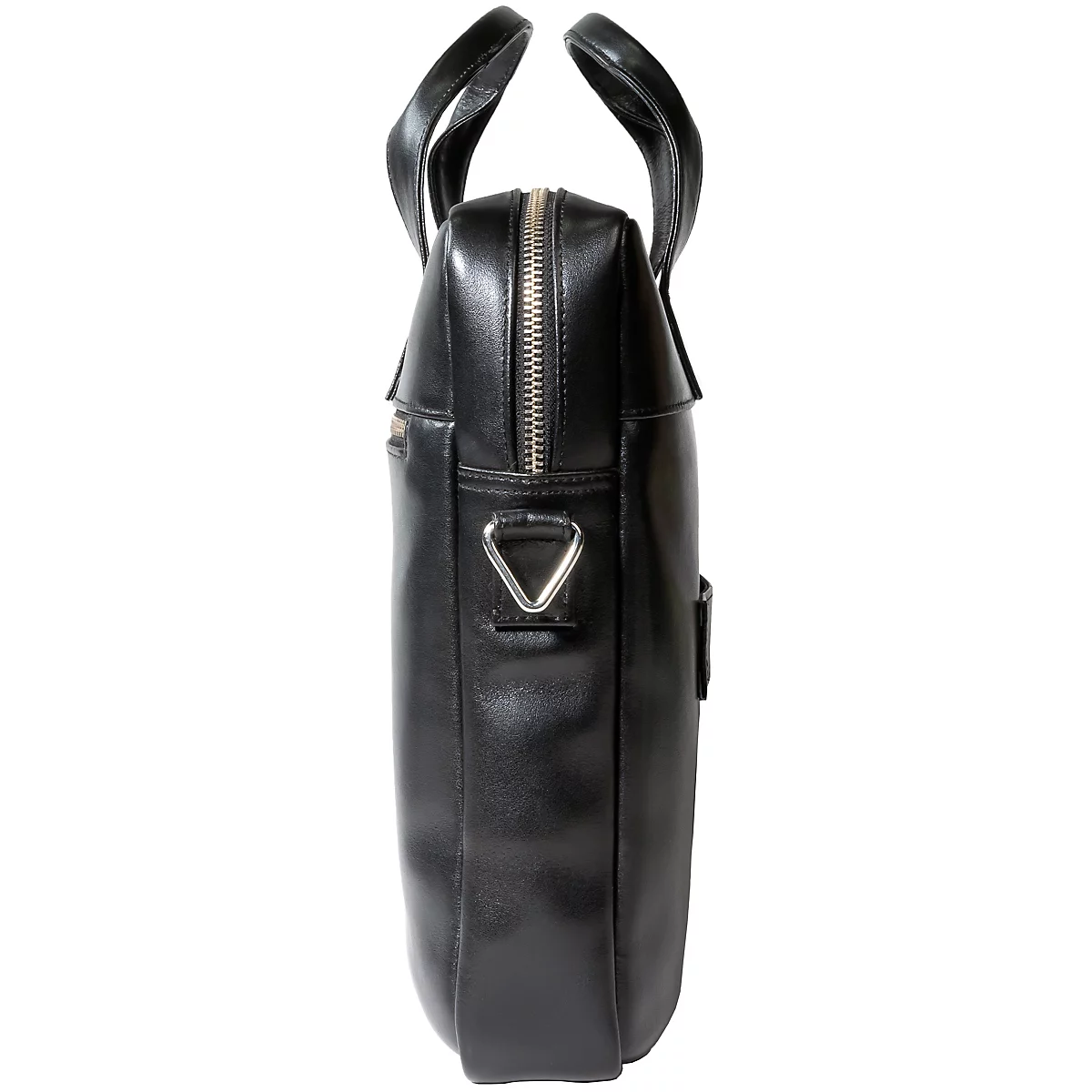 Schwarze Aktentasche, Seitenansicht. Sie hat einen Reißverschluss, Tragegriffe und einen Schulterriemenansatz.