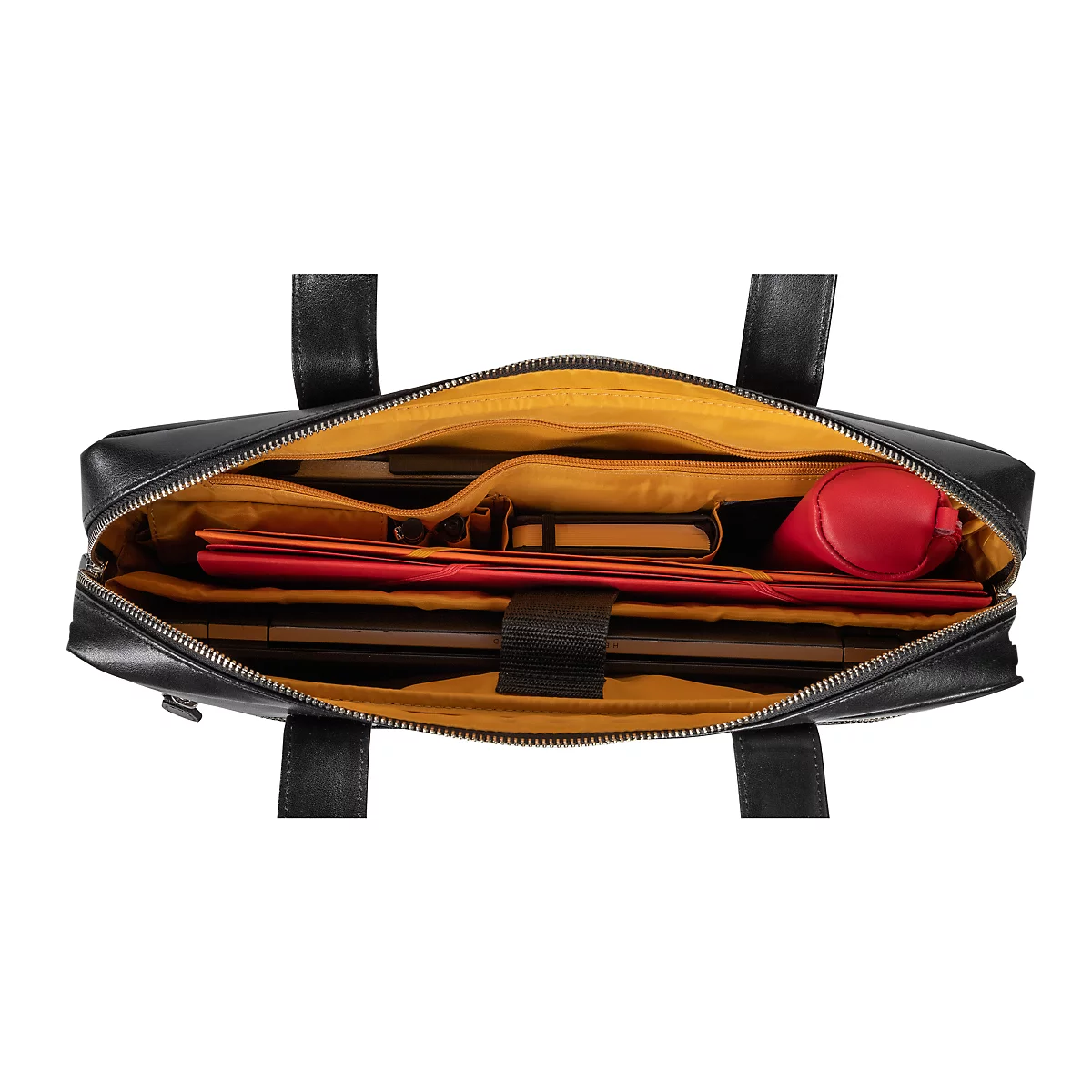 Schwarze Ledertasche mit gelbem Innenfutter, offen und gefüllt mit roten Ordnern, einem roten Objekt und Dokumenten.