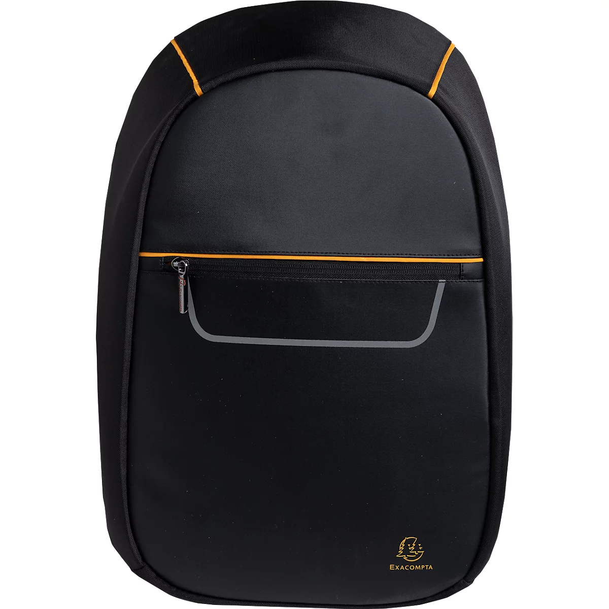 Schwarzer Rucksack mit gelben Akzenten und grauen Details. Auf der Vorderseite eine Reißverschlusstasche.