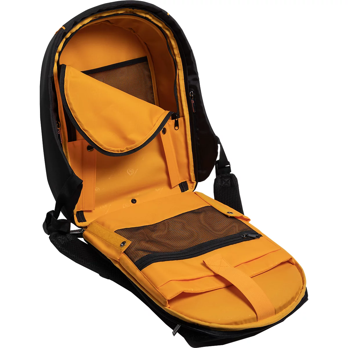 Schwarzer Rucksack, geöffnet. Innen gelb, mit Fächern und Reißverschlüssen. Schultergurt schwarz.