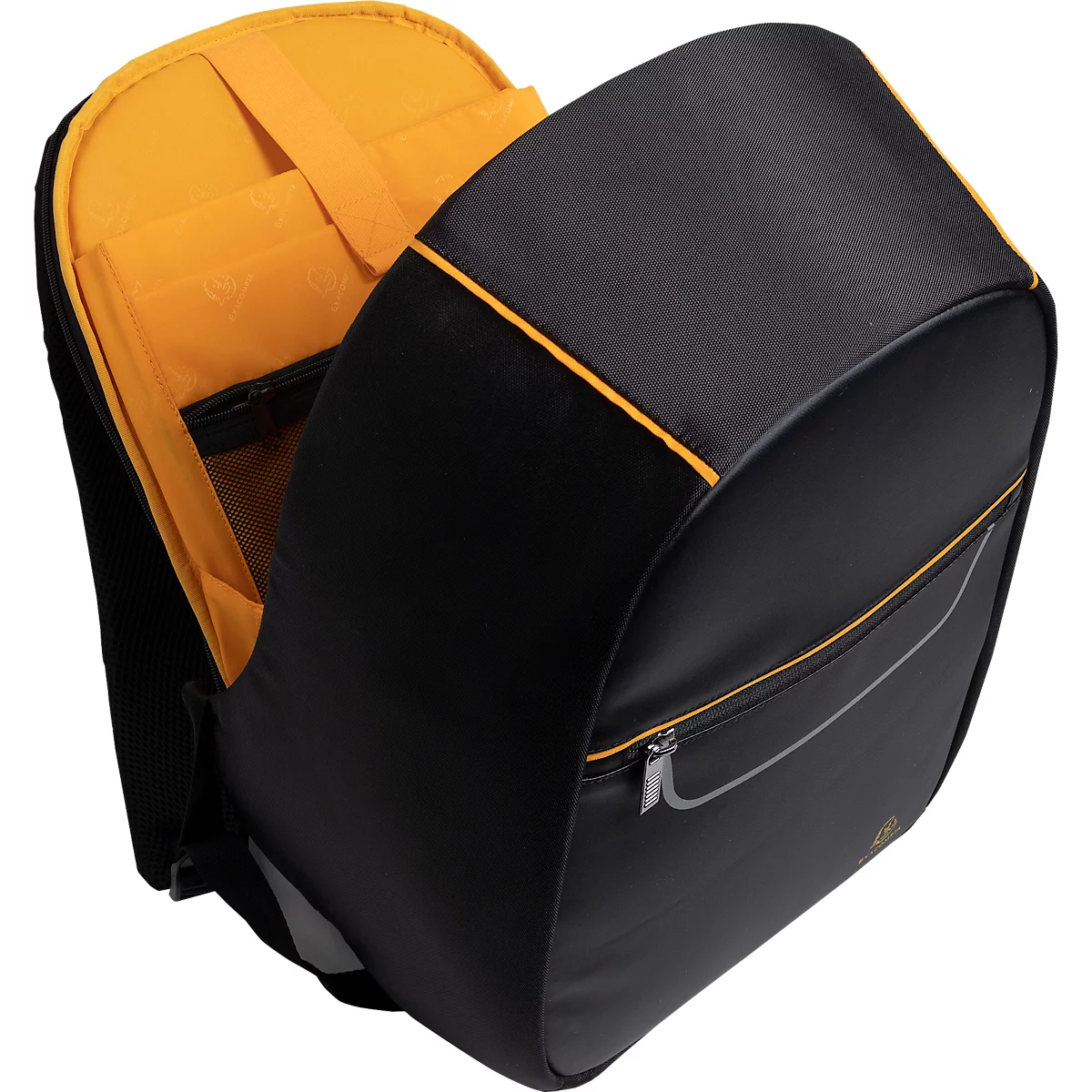 Schwarzer Rucksack mit gelbem Innenfutter, Reißverschluss und gelben Akzentlinien.