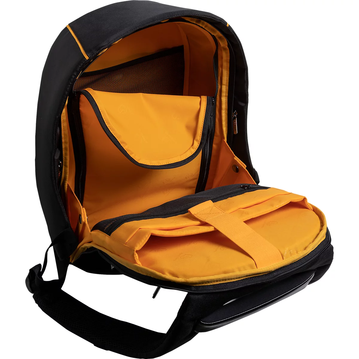 Schwarzer Rucksack, geöffnet mit orangefarbenem Innenraum. Detailansicht der Fächer.